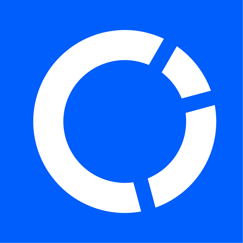 A white icon on a blue background